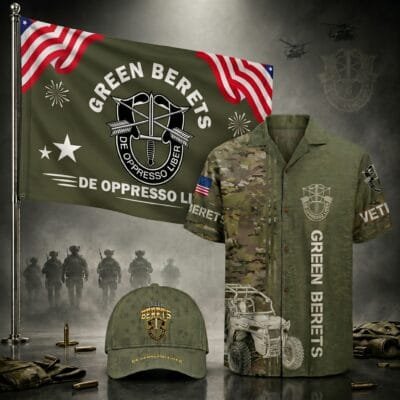US ARMY GREEN BERETS 1 Hawaiian + 1 Cap + 1 Branch Flag Bundle