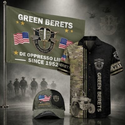 US ARMY GREEN BERETS 1 Hawaiian + 1 Cap + 1 Branch Flag Bundle